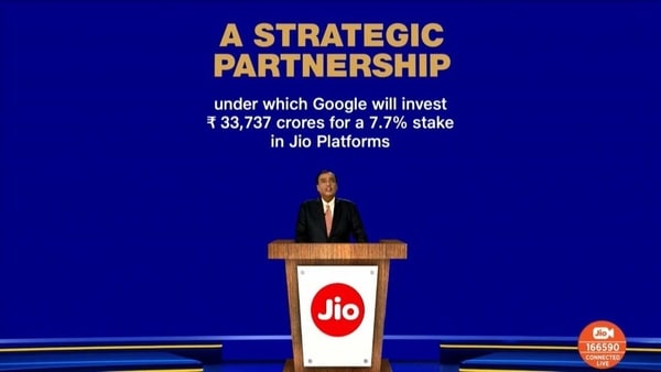 A screenshot of Reliance chairman and MD Mukesh Ambani announcing the company's partnership with Google. 