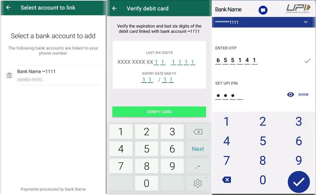 After selecting the bank account, you can add your debit card details and set a UPI PIN to start sending money using WhatsApp Pay. After selecting the bank account, you can add your debit card details and set a UPI PIN to start sending money using WhatsApp Pay.