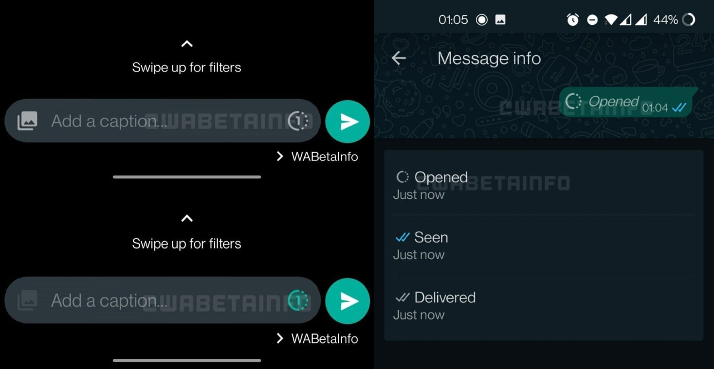 On the left is the new media sharing interface where users can enable View Once mode for images, while the right side shows the Message Info screen where users can see when the image was opened.   