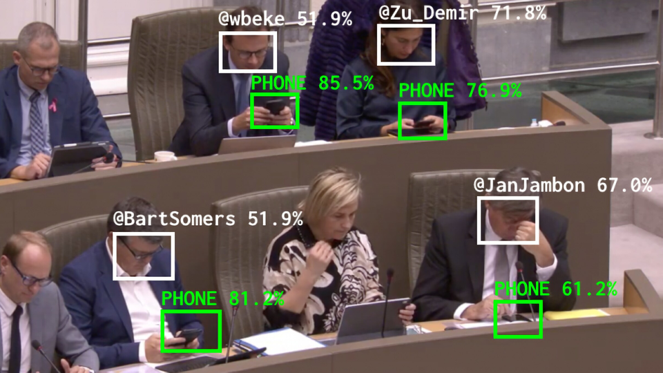 A screenshot of the The Flemish Scrollers software published by Dries Depoorter, identifying politicians using their phones. 