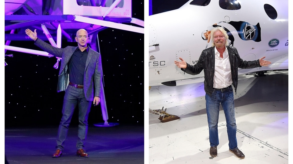 Jeff Bezos with a model of Blue Origin's Blue Moon lunar lander in Washington, left, and Richard Branson with Virgin Galactic's SpaceShipTwo space tourism rocket in Mojave, California. 