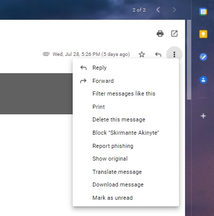 The block function on Gmail can be accessed from each email in your inbox. 