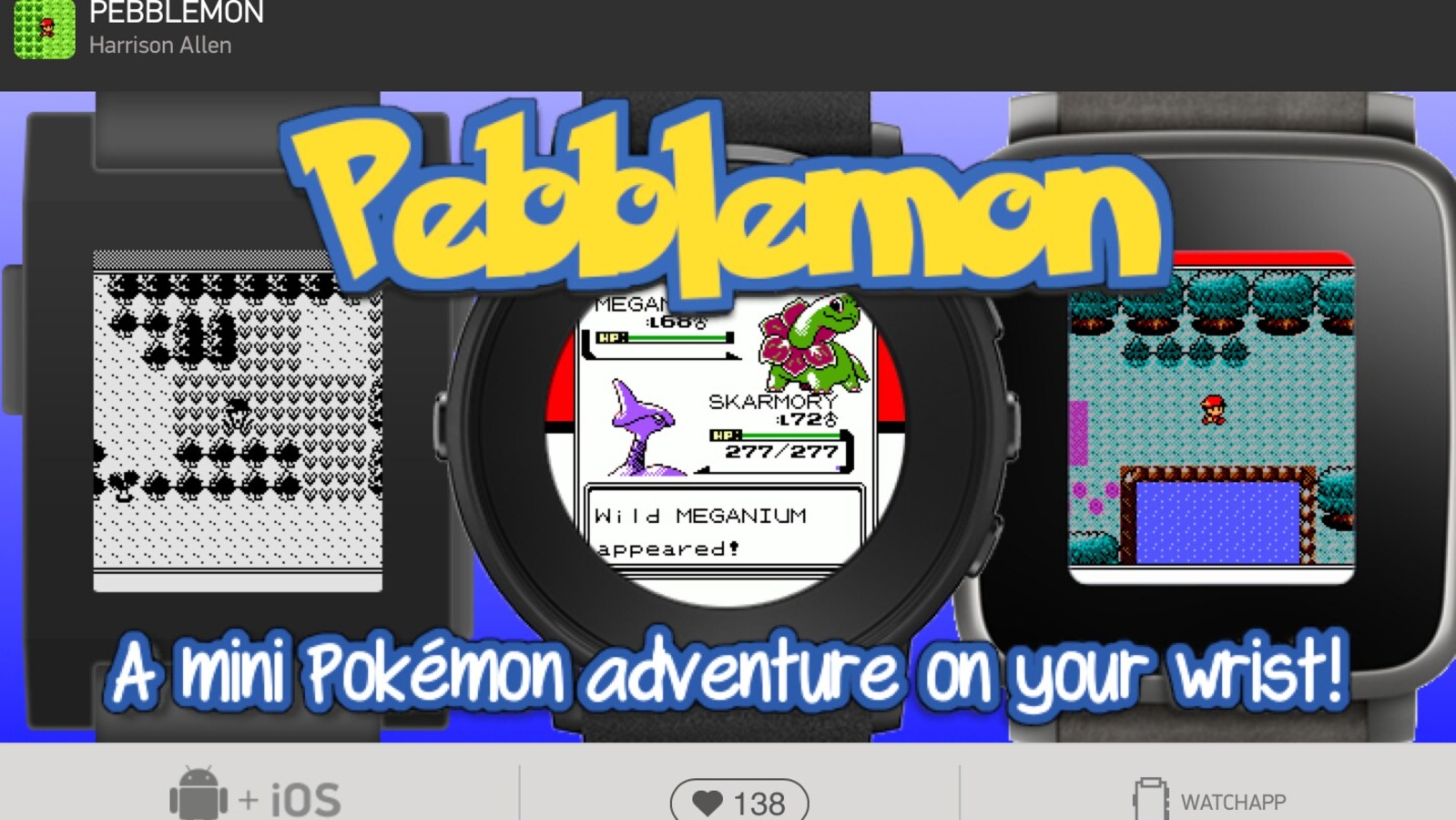 Pebblemon has been described by the developer as a “mini Pokemon adventure on your wrist”. Pebblemon has been described by the developer as a “mini Pokemon adventure on your wrist”.