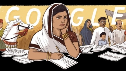 Google doodle illustration today showed Subhadra Kumari Chouhan in a contemplative mood sitting with a pen and paper.