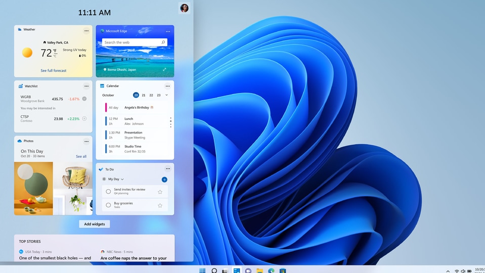 Widgets: Windows 11 is moving to be more like macOS in terms of look and feel. While the widgets have been around for a while, they are now accessible directly from the taskbar. Moreover, you can personalise them with whatever you want.
