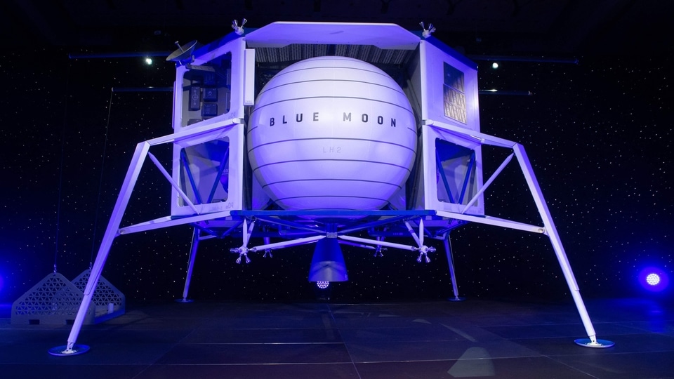 (FILES) In this file photo taken on May 09, 2019 Blue Moon, a lunar landing vehicle, is seen after being announced by Amazon CEO Jeff Bezos during a Blue Origin event in Washington, DC. - Blue Origin owner Jeff Bezos wrote an open letter to NASA on July 26, 2021, offering a $2 billion discount to allow his company to build a Moon lander. (Photo by SAUL LOEB / AFP)