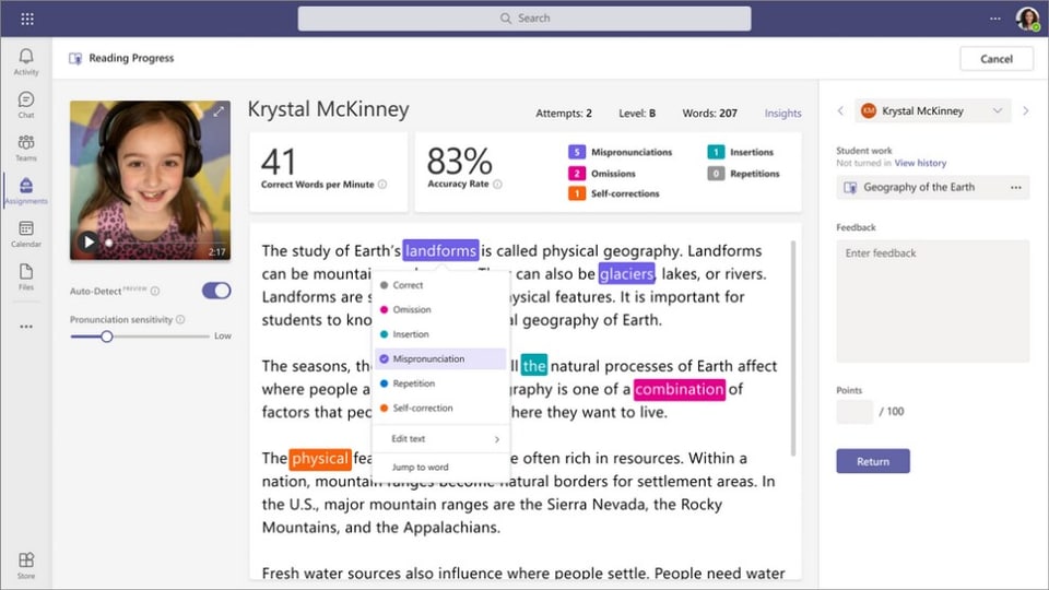 With Microsoft Teams Reading Progress app, students can record themselves reading aloud on either audio and/or video.