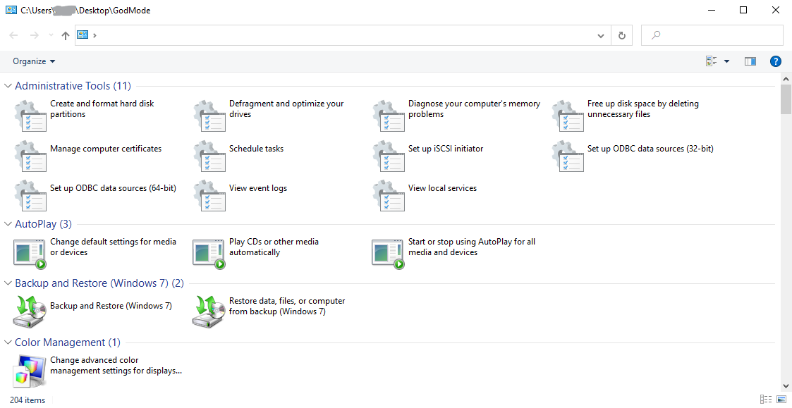 The God Mode folder on Windows 10. God Mode on Windows 10