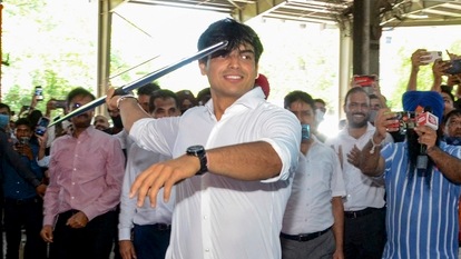 Gold medalist Neeraj Chopra throws javelin during a felicitation event at Lovely Professional University, in Jalandhar, 