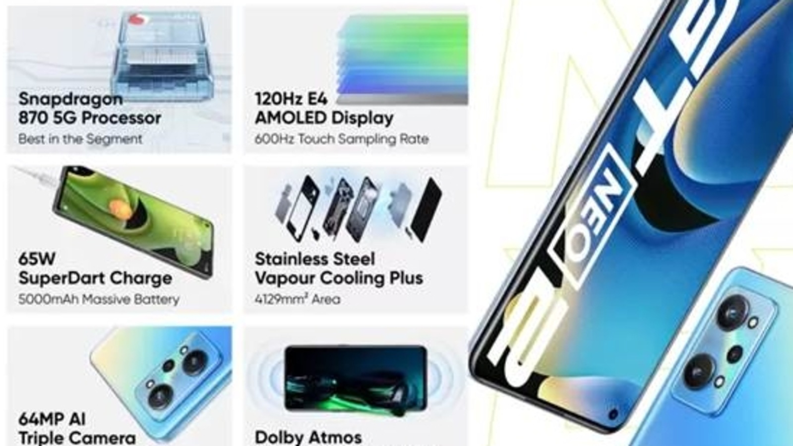 Realme GT NEO 2 5G features a 120Hz E4 AMOLED Display, 65W SuperDart Charge, 5000mAh Large Capacity Battery, Largest Stainless Steel Vapour Cooling Area. Realme GT NEO 2 5G