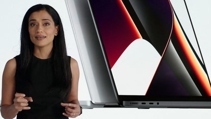 Apple's Shruti Haldea showcases the new MacBook Pro powered by the new M1 Pro and M1 Max chips during an online event unveiling new products at Apple Park in Cupertino, 