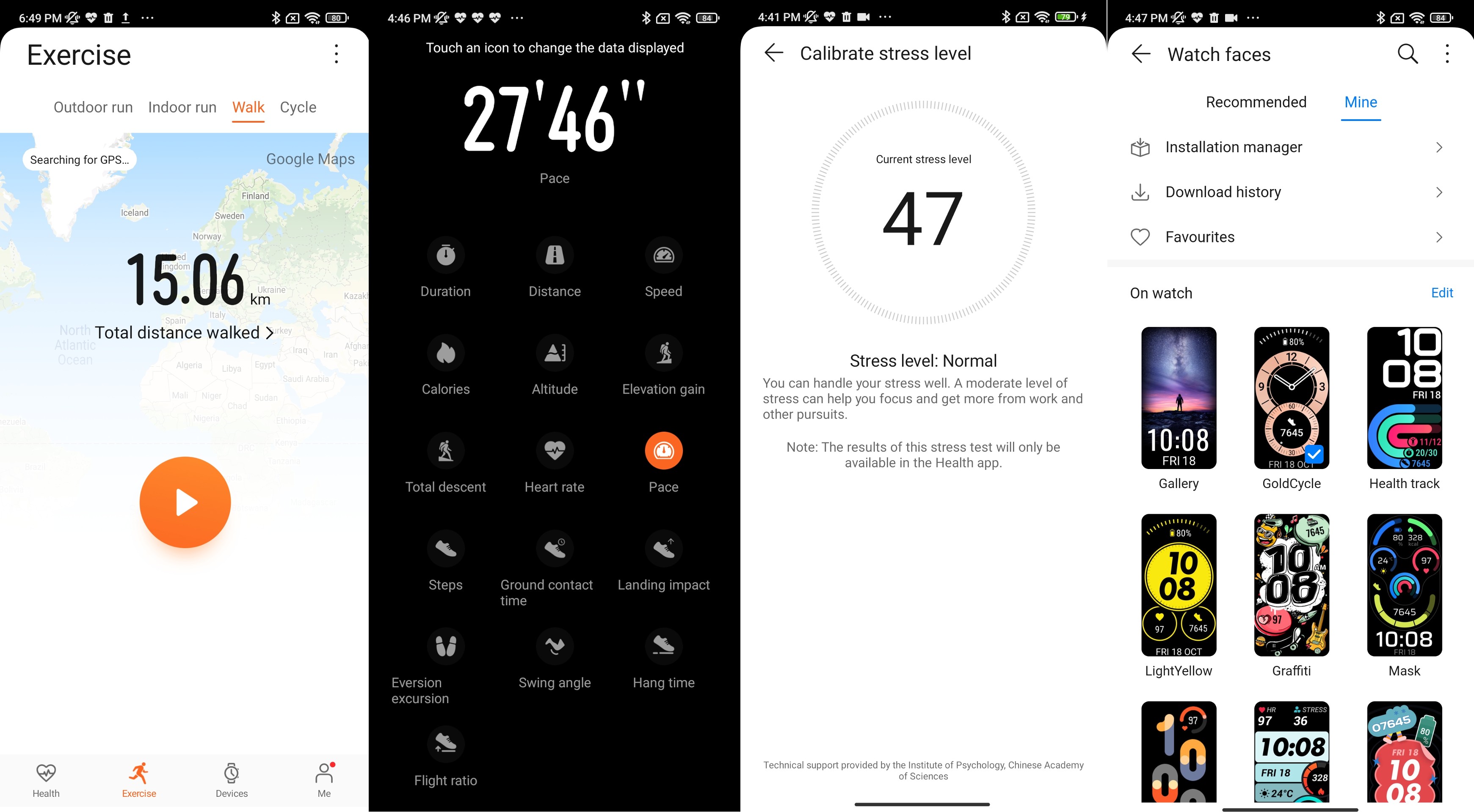 From left to right: The Huawei Health app's Walking and other exercise screens, the exercise mode lets users choose which metrics are displayed on the screen. They can see their stress levels on the app and on the phone, and finally, users can pick from several watch faces for the Huawei Band 6. Huawei Band 6 Review