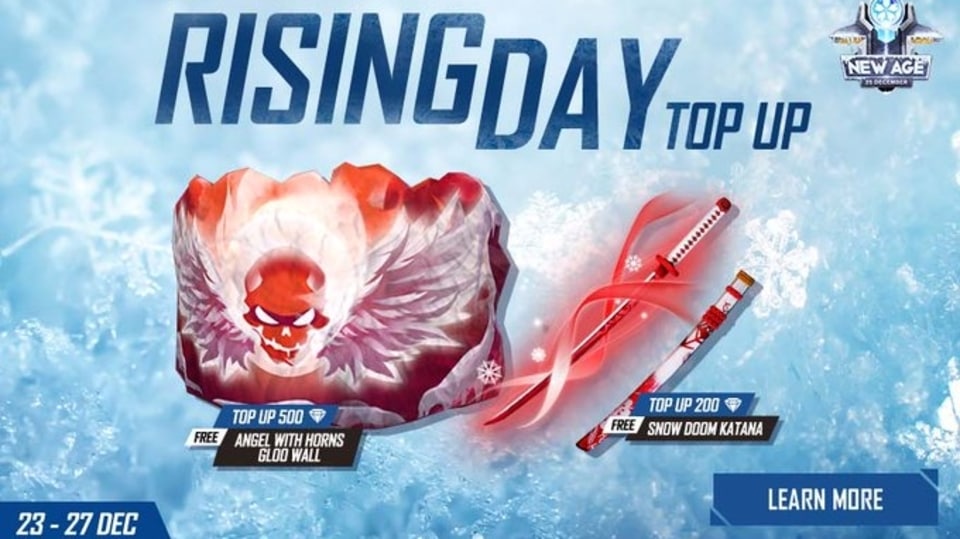 Garena Free Fire Rising Day Top Up event is here. Get Angel With Horns Gloowall and Snow Doom Katana.