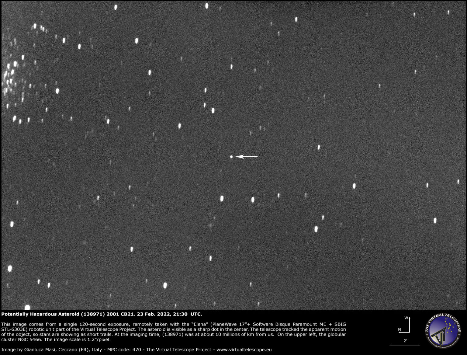 Gambar asteroid 138971 (2001 CB21) yang diambil oleh astronom Gianluca Massi di Proyek Teleskop Virtual di Italia, 