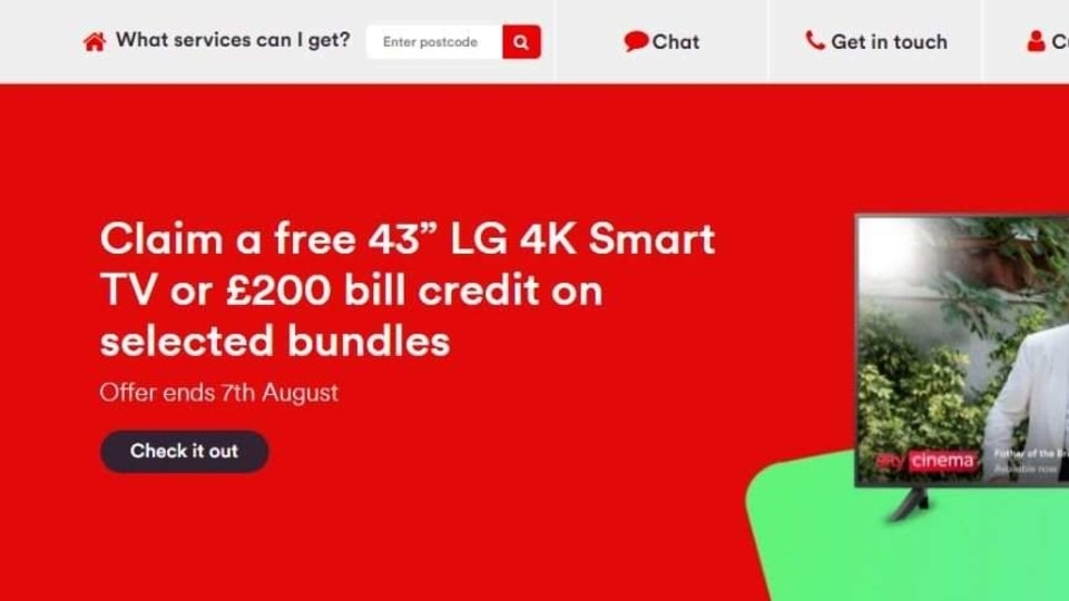 Get a 43” LG TV for free or £200 bill credit with Virgin Media broadband plan