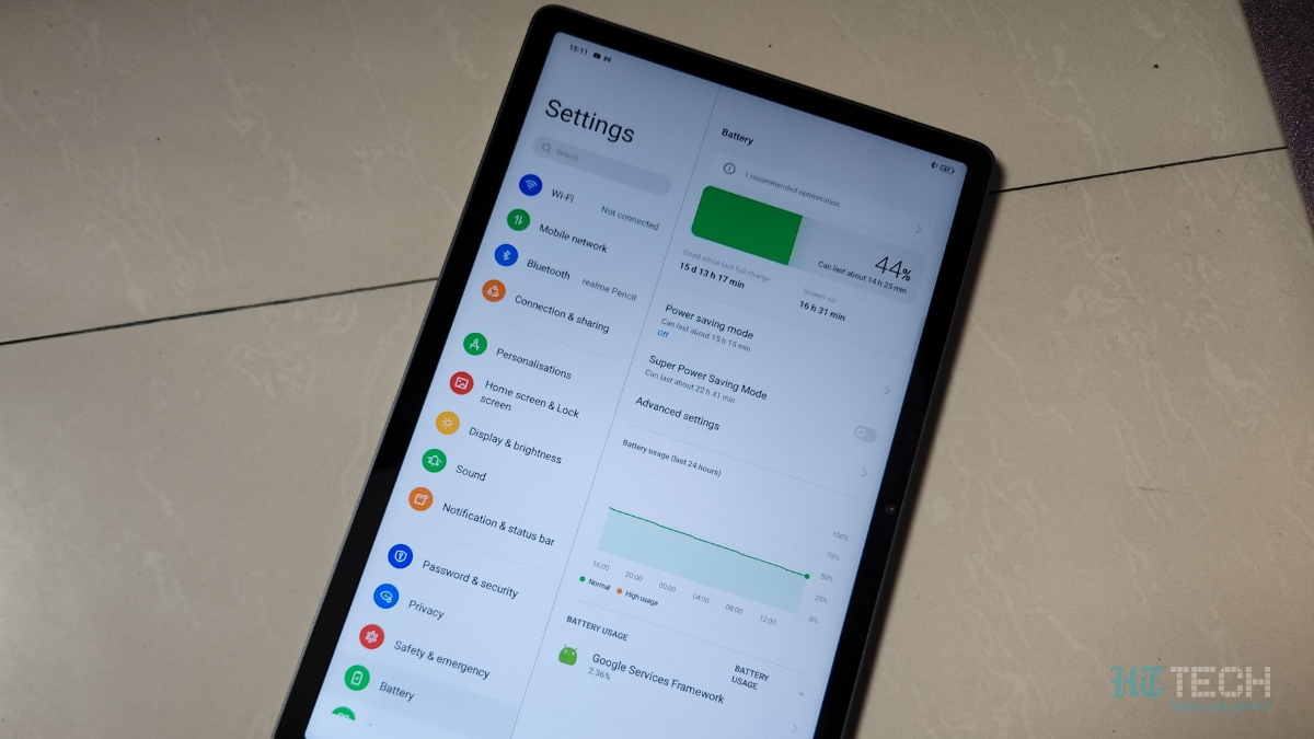 Realme Pad X Camera and Battery: The tablet sports a 13MP rear camera and a 105 degree 8MP wide-angle front camera. The tablet manages to click decent pictures in a well-lit surrounding. However, in low light, the pictures were noisy. Also, equipped with an 8340mAh battery, the tablet easily lasts for 3-4 days with almost 3 hours of daily usage. It also comes with a 33W charger, which can juice up the battery from 10 percent to full in around 3 hours. The tablet also supports reverse charging. Realme Pad X