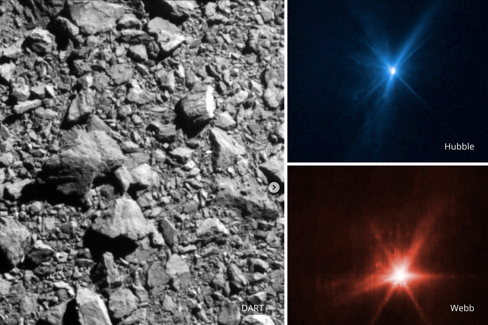 NASA’s unique experiment to smash a spacecraft into a small asteroid in the world’s first-ever in-space test for planetary defense has been captured by two of NASA’s Great Observatories, the James Webb Space Telescope and the Hubble Space Telescope. Asteroid