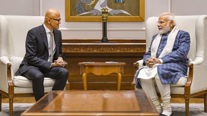 **EDS: TWITTER IMAGE VIA @narendramodi** New Delhi: Prime Minister Narendra Modi in a meeting with Microsoft CEO Satya Nadella, in New Delhi, Thursday, Jan. 5, 2023. (PTI Photo)(PTI01_05_2023_000166B)