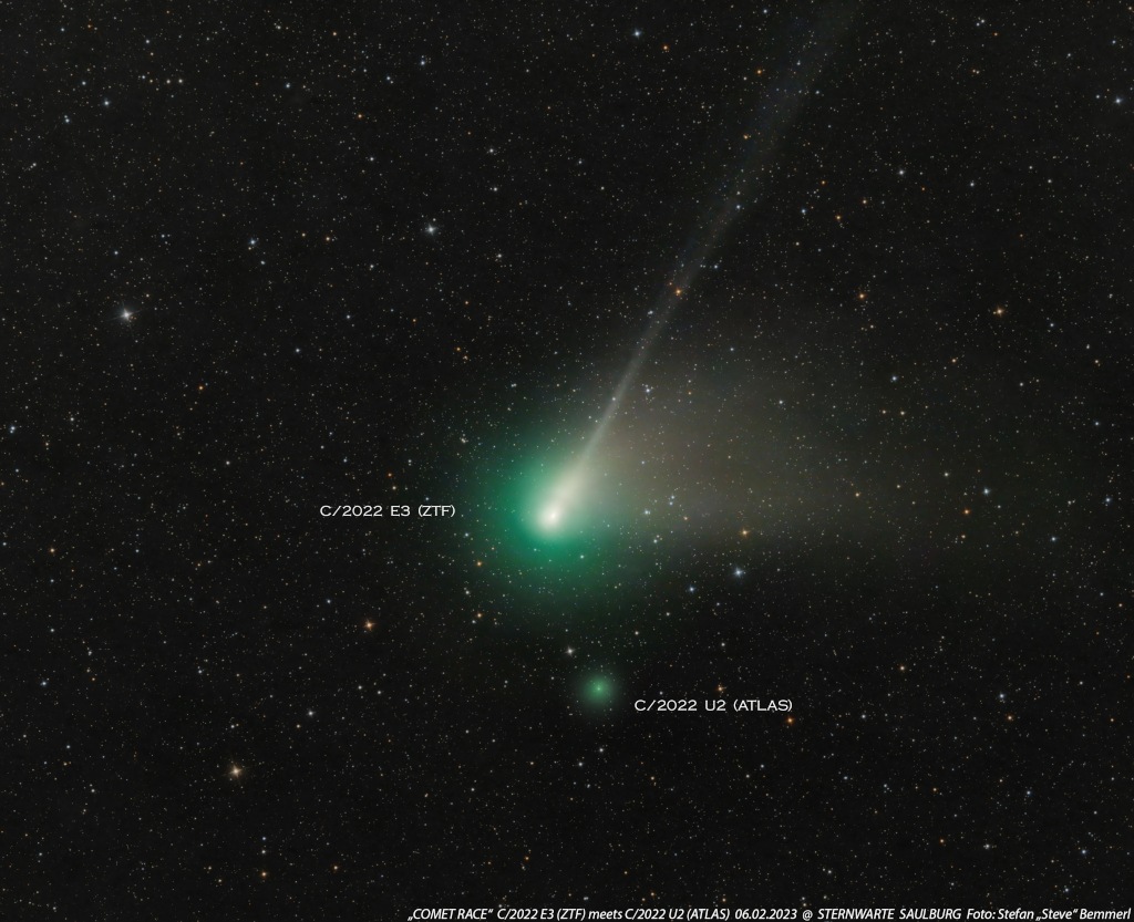 Comet ZTF meets Comet ATLAS (Feb 10) - NASA’s Astronomy Picture of the Day for Feb 10 is breathtaking picture of the Comet ZTF racing across the skies as it passed another comet named Comet C/2022 U2 (ATLAS) near the constellation Auriga. Captured on the night of February 6 from a garden observatory in Germany's Bavarian Forest, the starry field of view toward the constellation Auriga spans about 2.5 degrees. Comet ZTF