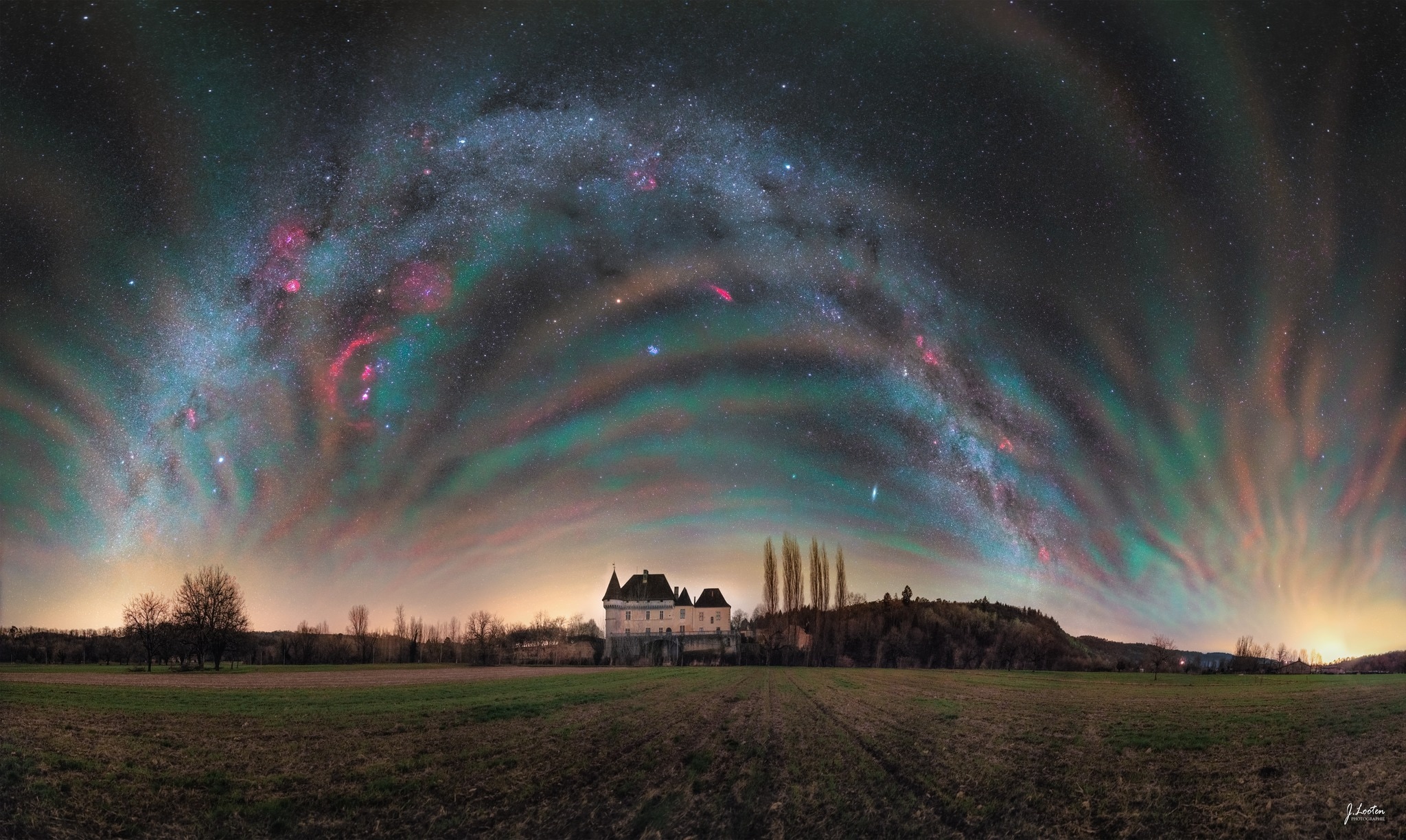 Airglow (Feb 15) - NASA's Astronomy Picture of the Day for Feb 15 was a stunning picture of Airglow in the skies over Château de Losse in southwest France. It wasn’t just airglow that was visible. Various celestial objects were also seen, including Orion Nebula, California Nebula, Andromeda Galaxy, Mars, Sirius, Pleiades Star Cluster and the Milky Way Galaxy. Airglow