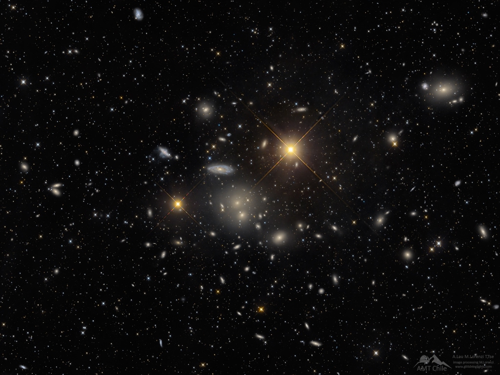 Hydra Galaxy Cluster (Feb 16) - Hydra Cluster of galaxies is one of the three large galaxy clusters within 200 million light-years of the Milky Way and it is surrounded by millions of stars. The galaxy cluster is over 100 million light-years away in the constellation Hydra. Three large galaxies near the cluster center, two yellow ellipticals (NGC 3311, NGC 3309) and one prominent blue spiral (NGC 3312), are the dominant galaxies, each about 150,000 light-years in diameter. Hydra Galaxy Cluster