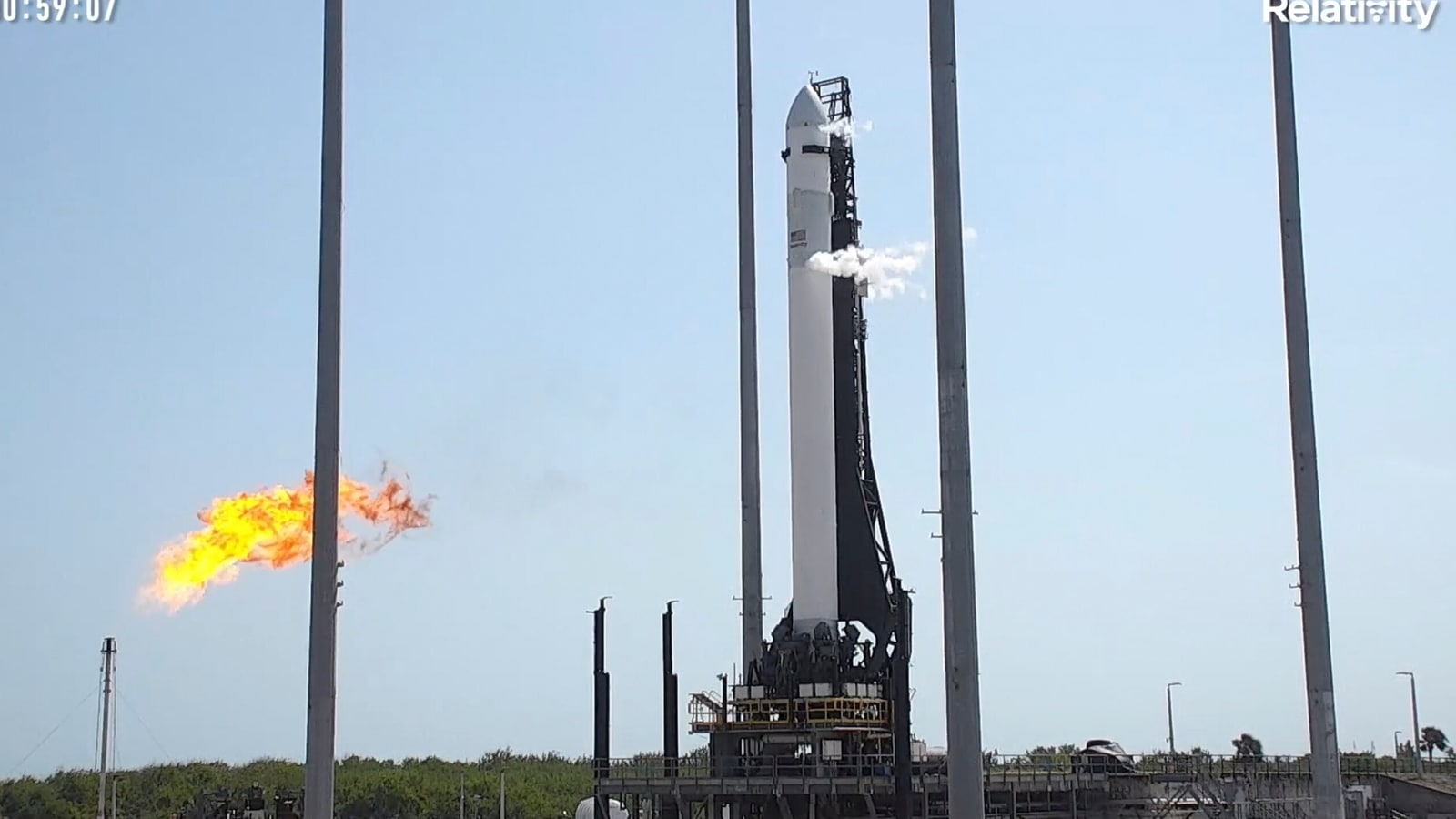 This image from video made available by Relativity Space shows the company's Terran 1 rocket on the launch pad in Cape Canaveral, Fla., on Wednesday, March 8, 2023. The rocket, made almost entirely of 3D printed parts is awaiting its debut launch. (Relativity Space via AP) This image from video made available by Relativity Space shows the company's Terran 1 rocket on the launch pad in Cape Canaveral, Fla., on Wednesday, March 8, 2023. The rocket, made almost entirely of 3D printed parts is awaiting its debut launch. (Relativity Space via AP)