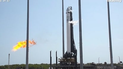 This image from video made available by Relativity Space shows the company's Terran 1 rocket on the launch pad in Cape Canaveral, Fla., on Wednesday, March 8, 2023. The rocket, made almost entirely of 3D printed parts is awaiting its debut launch. (Relativity Space via AP)