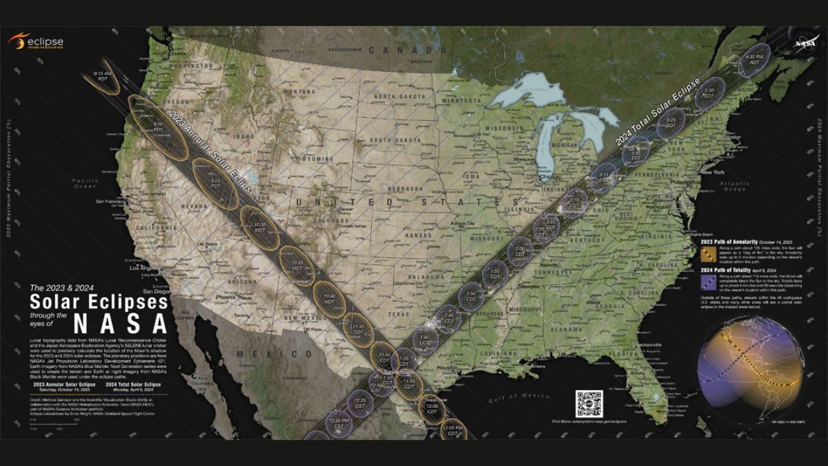 Map of Total Solar Eclipse path (April 18) - It is the map of the total solar eclipse path which will take place on April 8 next year. Viewers in locations outside the paths will not experience a total solar eclipse or annular eclipse, but they may still see a partial eclipse. Lines running parallel to each path indicate how much of the Sun will become covered by the Moon during the partial eclipse. solar eclipse
