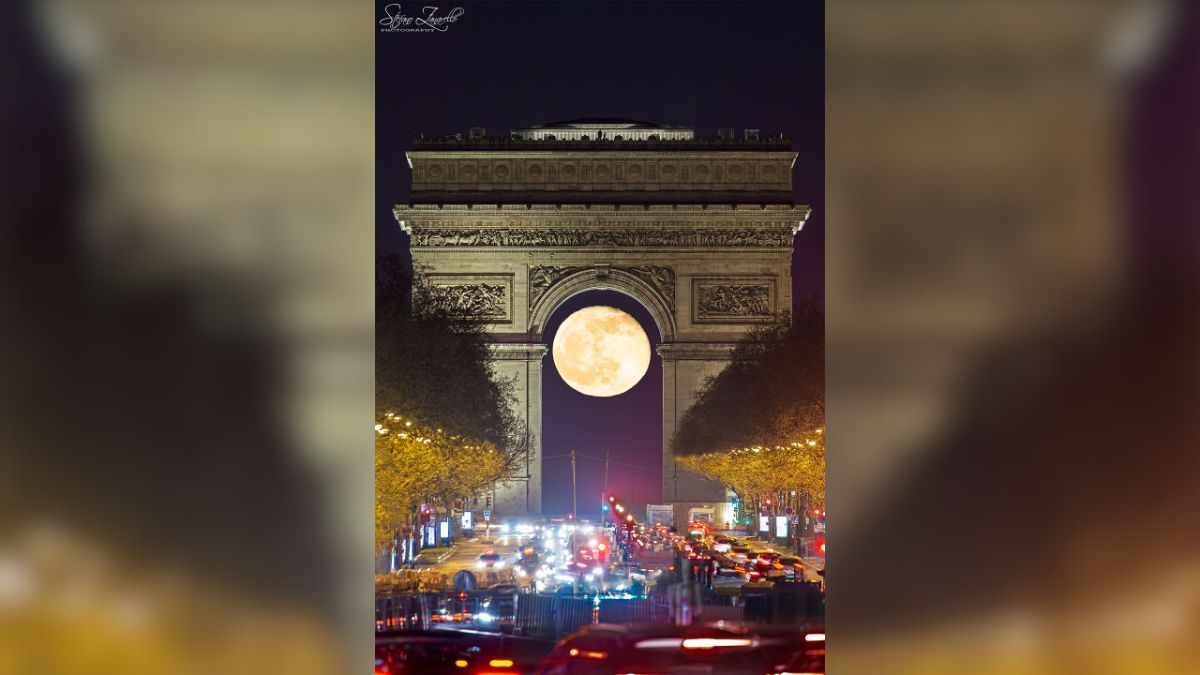 Full Moon shot through Arc de Triomphe (April 26) - This captured image is a fascinating snapshot of the full Moon through the Arc de Triomphe in Paris, France. The amount of Moon we see changes over the month, which is known as the lunar phases, and there are 8 in total - New Moon, waxing crescent, first quarter, waxing gibbous, full Moon, waning gibbous, third quarter and waning crescent Moon. Full Moon