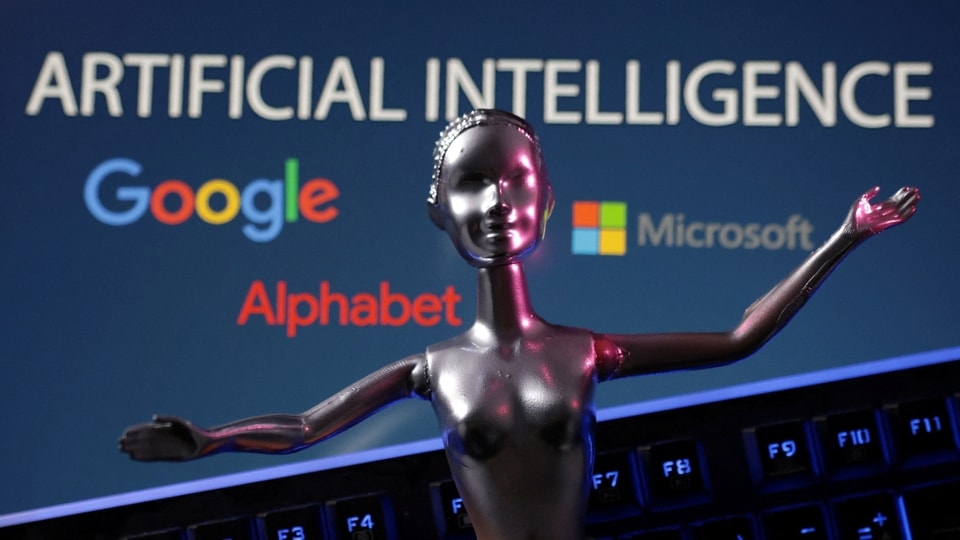 Google, Microsoft and Alphabet logos and AI Artificial Intelligence words are seen in this illustration taken, May 4, 2023. REUTERS/Dado Ruvic/Illustration