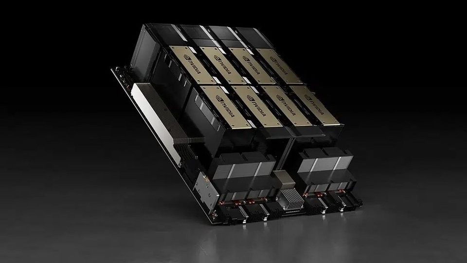This photo provided by the chipmaker Nvidia shows the company’s HGX H100 module, which can use as many as eight AI chips to train artificial intelligence systems and perform other tasks. AI Chip
