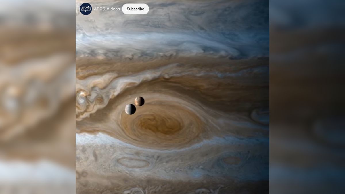 Moons crossing Great Red Spot on Jupiter: It shows Jupiter's two largest moons, Europa and Io, crossing the gas giant's Great Red Spot, the largest storm in our solar system, by NASA's Cassini spacecraft. Jupiter