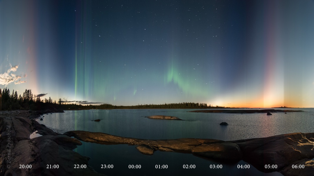 Aurora - from sunset to sunrise: It features a timelapse from sunset to sunrise with an aurora. A breathtaking view from the coast of Sweden's coastline gazes over the Baltic Sea, capturing the essence of time within a single photograph. aurora