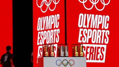 The first ever Olympic Esports trophies to be awarded are displayed after the cycling event at the Olympic Esports Week in Singapore June 23, 2023. REUTERS/Edgar Su