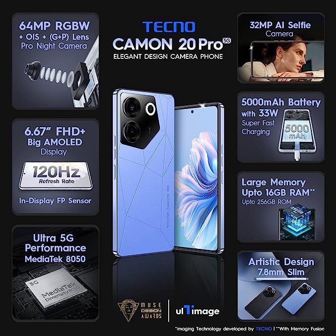 The Techno new CAMON 20 Pro 5G features a 6.67-inch FHD+Dot-in AMOLED 10bit Display. It is powered with MediaTek Dimensity 8050 Processor. And it captures amazing pictures from 64MP RGBW(G+P) + OIS Rear Camera and 32MP AI Selfie Camera. Additionally, The phone is available in two enticing colors Dark Welkin and Serenity Blue. The Techno new CAMON 20 Pro 5G features a 6.67-inch FHD+Dot-in AMOLED 10bit Display. It is powered with MediaTek Dimensity 8050 Processor. And it captures amazing pictures from 64MP RGBW(G+P) + OIS Rear Camera and 32MP AI Selfie Camera. Additionally, The phone is available in two enticing colors Dark Welkin and Serenity Blue.