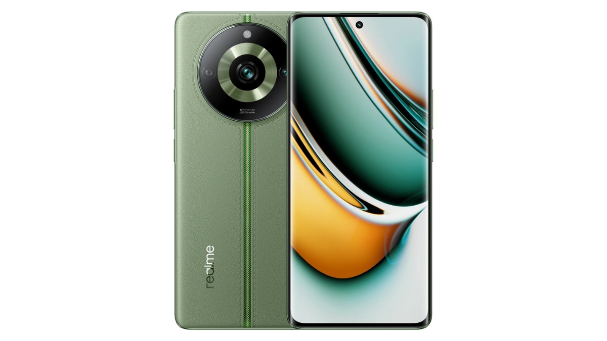  A green and yellow Realme 13 Pro Series 5G smartphone with text saying "realme" and a large camera bump with three lenses.