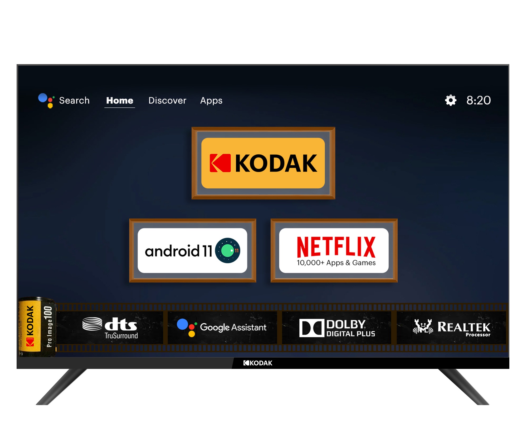 The Kodak 9XPRO TVs are a premium TV series powered by ANDROID 11, featuring an ARM Cortex A55*4 REALTEK processor, DOLBY DIGITAL sound, 30W speaker output, built-in Netflix, Google Assistant, Chromecast, Bluetooth 5.0, 1GB RAM, and 8GB ROM. The Kodak 9XPRO TVs are a premium TV series powered by ANDROID 11, featuring an ARM Cortex A55*4 REALTEK processor, DOLBY DIGITAL sound, 30W speaker output, built-in Netflix, Google Assistant, Chromecast, Bluetooth 5.0, 1GB RAM, and 8GB ROM.