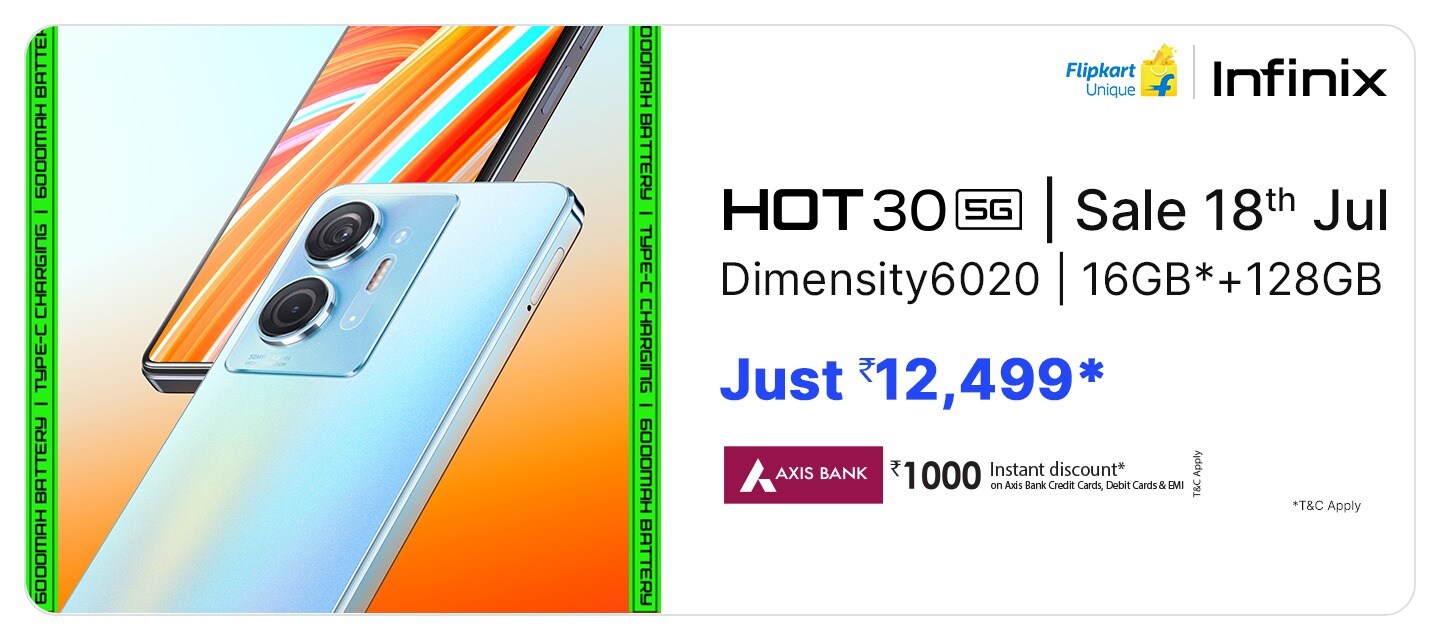 The Infinix Hot 30 5G is priced competitively at Rs. 11,499 and Rs. 12,499 for 8(4GB + 4GB Virtual)+ 128 GB and 16(8GB+ 8GB Virtual) +128 GB variants respectively. The Infinix Hot 30 5G is priced competitively at Rs. 11,499 and Rs. 12,499 for 8(4GB + 4GB Virtual)+ 128 GB and 16(8GB+ 8GB Virtual) +128 GB variants respectively.