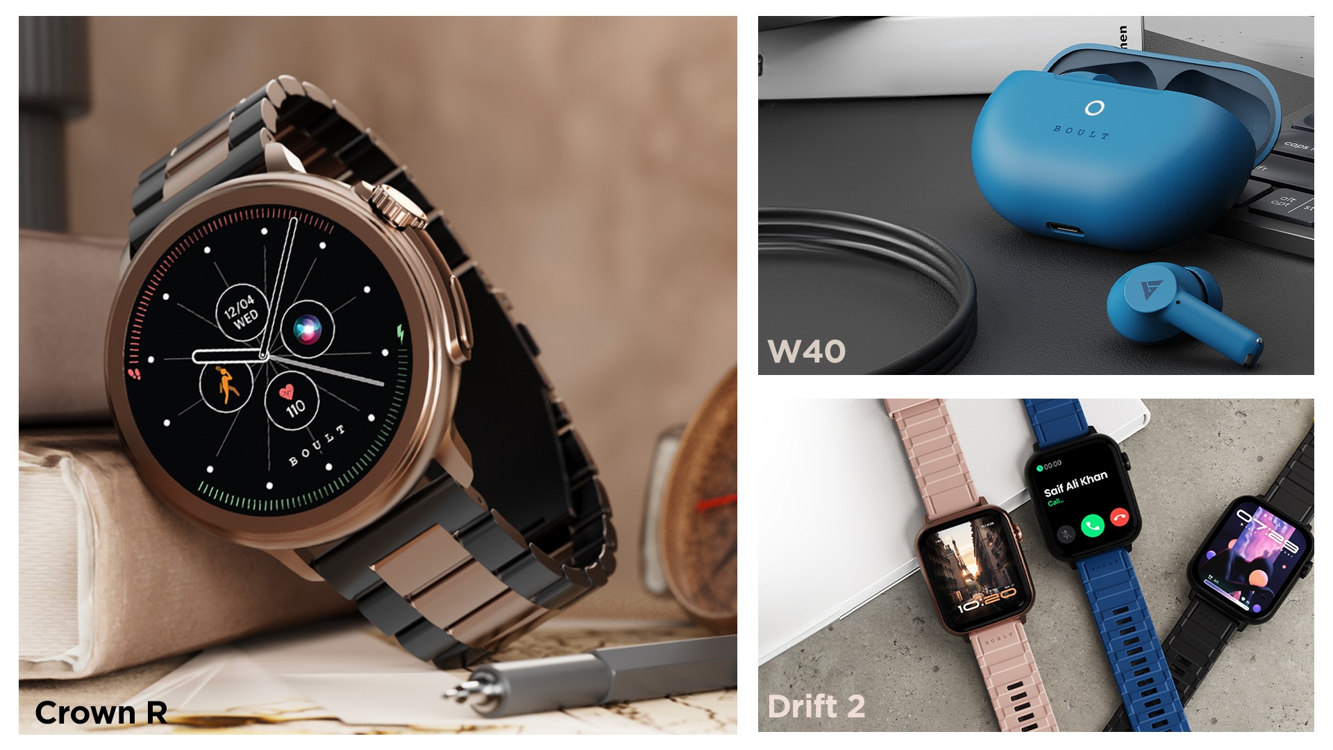 Boult has presented its latest lineup of smartwatches and wireless (TWS) earbuds. This launch introduces the Crown R smartwatch, the Drift 2 Smartwatch, and the W40 TWS earbuds. Boult has presented its latest lineup of smartwatches and wireless (TWS) earbuds. This launch introduces the Crown R smartwatch, the Drift 2 Smartwatch, and the W40 TWS earbuds.