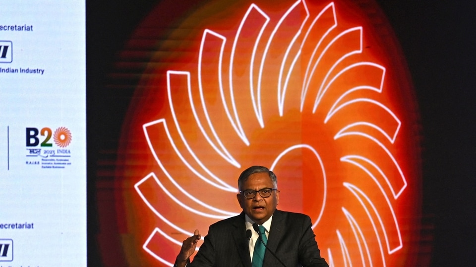 B20 summit India Chair, Natarajan Chandrasekaran addresses the gathering on the first day of the three-day B20 Summit in New Delhi. N Chandrasekaran