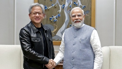 Prime Minister Narendra Modi meets with Jensen Huang, the CEO of NVIDIA, in New Delhi on Monday. (ANI Photo)