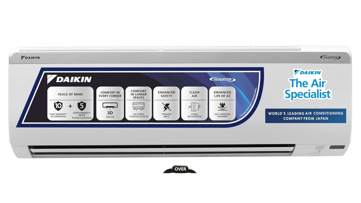 Daikin 1.5 Ton 3 Star Inverter Split AC: Amazon is offering a 35% initial discount on Daikin 1.5 Ton 3 Star Inverter Split AC making its price drop to Rs. 37990 from Rs. 58400. This machine is equipped with a Stabilizer inside, which removes its dependency on an external stabilizer. Daikin 1.5 Ton 3 Star Inverter Split AC: Amazon is offering a 35% initial discount on Daikin 1.5 Ton 3 Star Inverter Split AC making its price drop to Rs. 37990 from Rs. 58400. This machine is equipped with a Stabilizer inside, which removes its dependency on an external stabilizer.