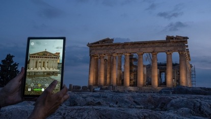 a digitally overlayed virtual reconstruction of the ancient Parthenon temple