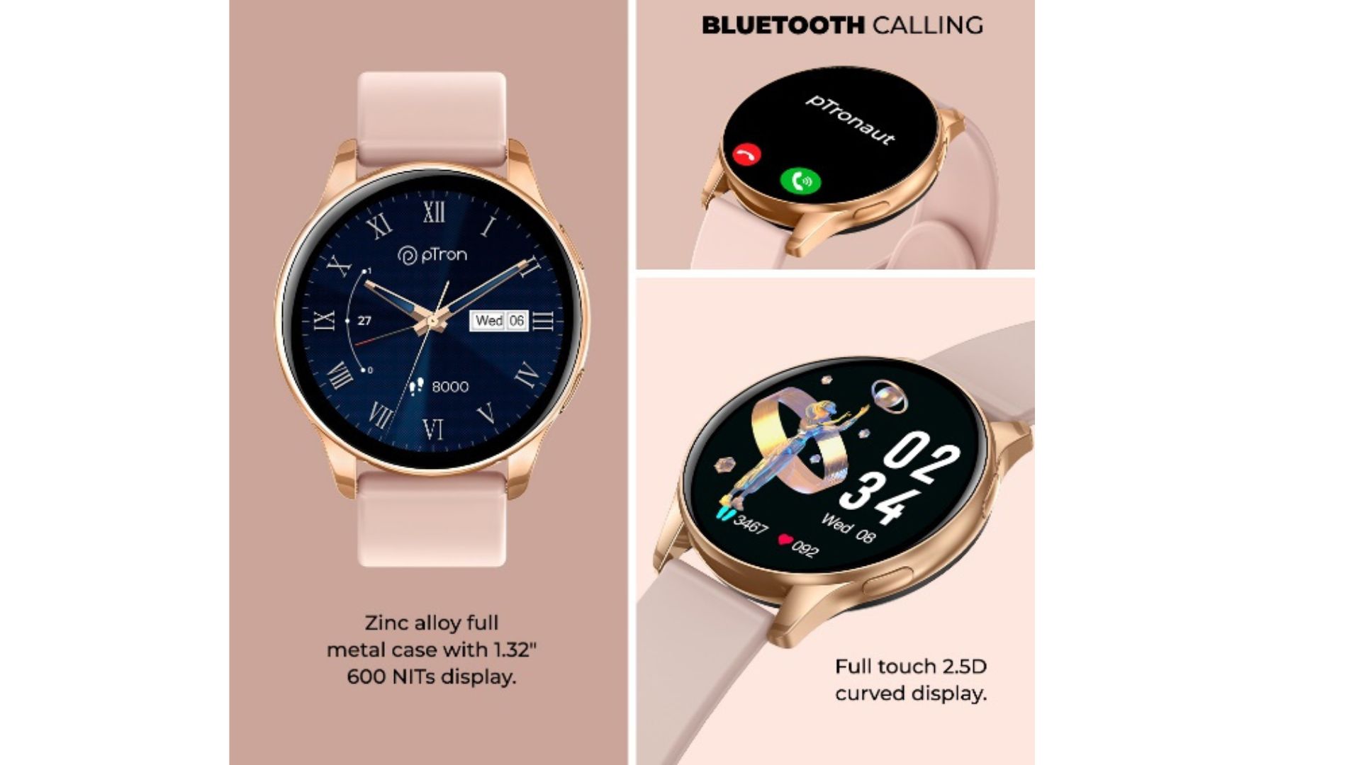 Reflect Flash: This smartwatch comes with a round-dial smartwatch design. With this smartwatch, you can access emergency calls and alerts (SOS), and offers quick access to social media features. pTron