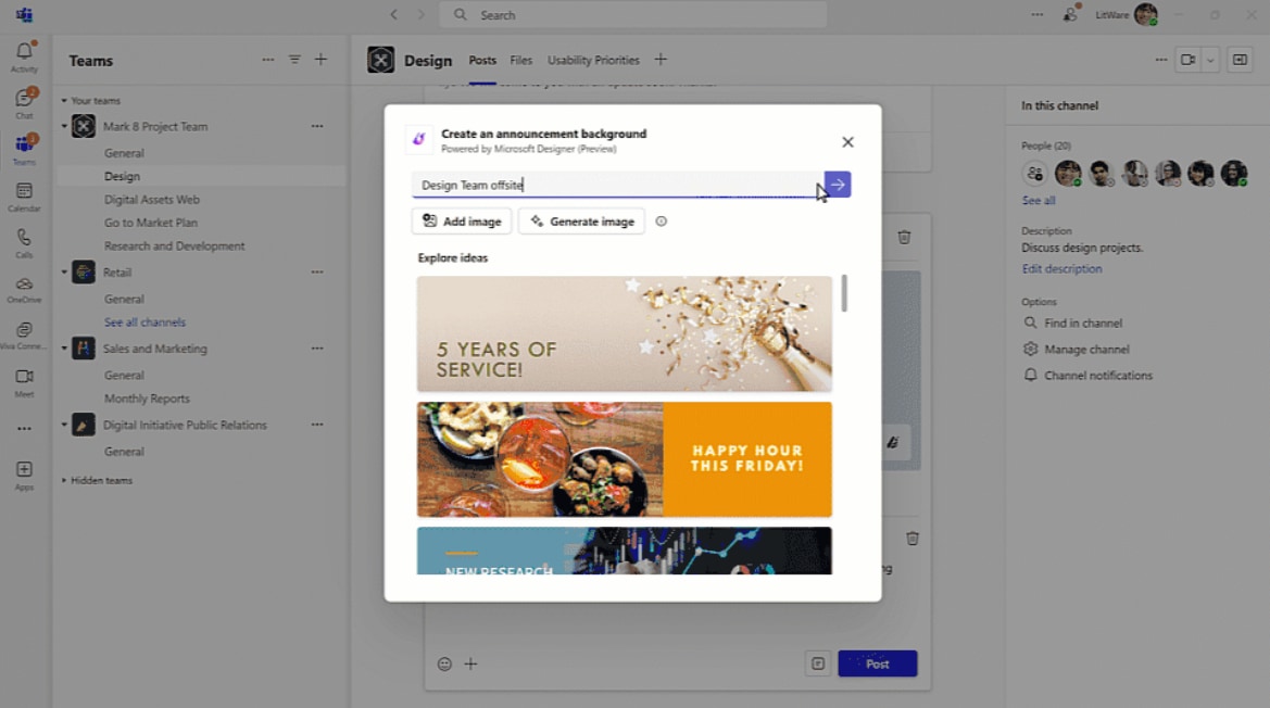 Custom channel announcement background: Channels are a space where teams can share workplace knowledge. Now with custom backgrounds, users will be able to create personalized announcement backgrounds with images and descriptions. If you do not have the time to create announcements from scratch, then worry not because AI will do it for you and provide you with a creative backdrop. Microsoft Teams