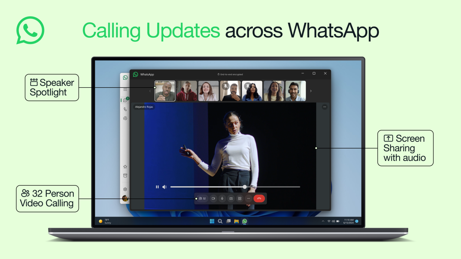 WhatsApp video calls now help 32 members, monitor sharing, and speaker spotlight