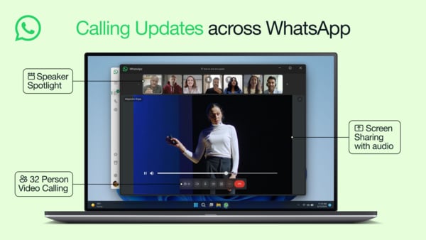 WhatsApp video calls now support 32 participants, screen sharing, and speaker spotlight