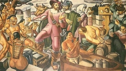A detail from Umberto Romano’s 1937 mural shows a Native American man holding a mysterious object, sparking time travel jokes.