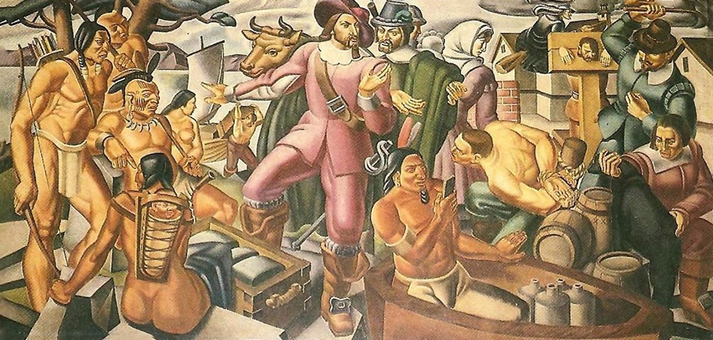 A detail from Umberto Romano’s 1937 mural shows a Native American man holding a mysterious object, sparking time travel jokes. A detail from Umberto Romano’s 1937 mural shows a Native American man holding a mysterious object, sparking time travel jokes.