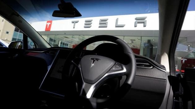 A Tesla Model X car's interior is photographed at a Tesla electric car dealership in Sydney, Australia.